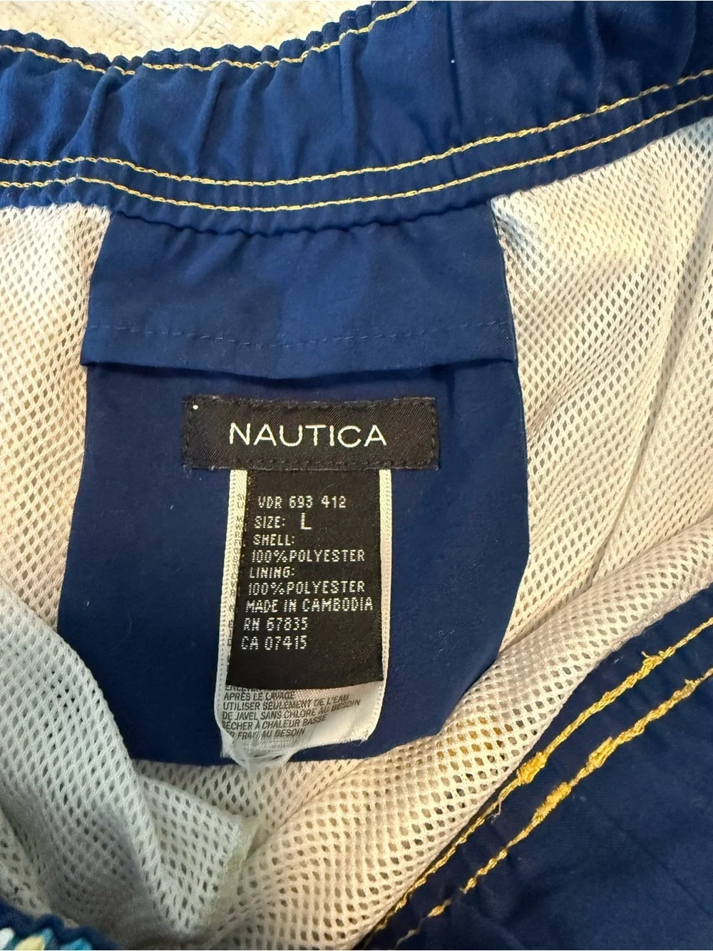Nautica Mens L Swim Trunks Yellow Blue Tropical Print Mesh Lined 7 Inseam